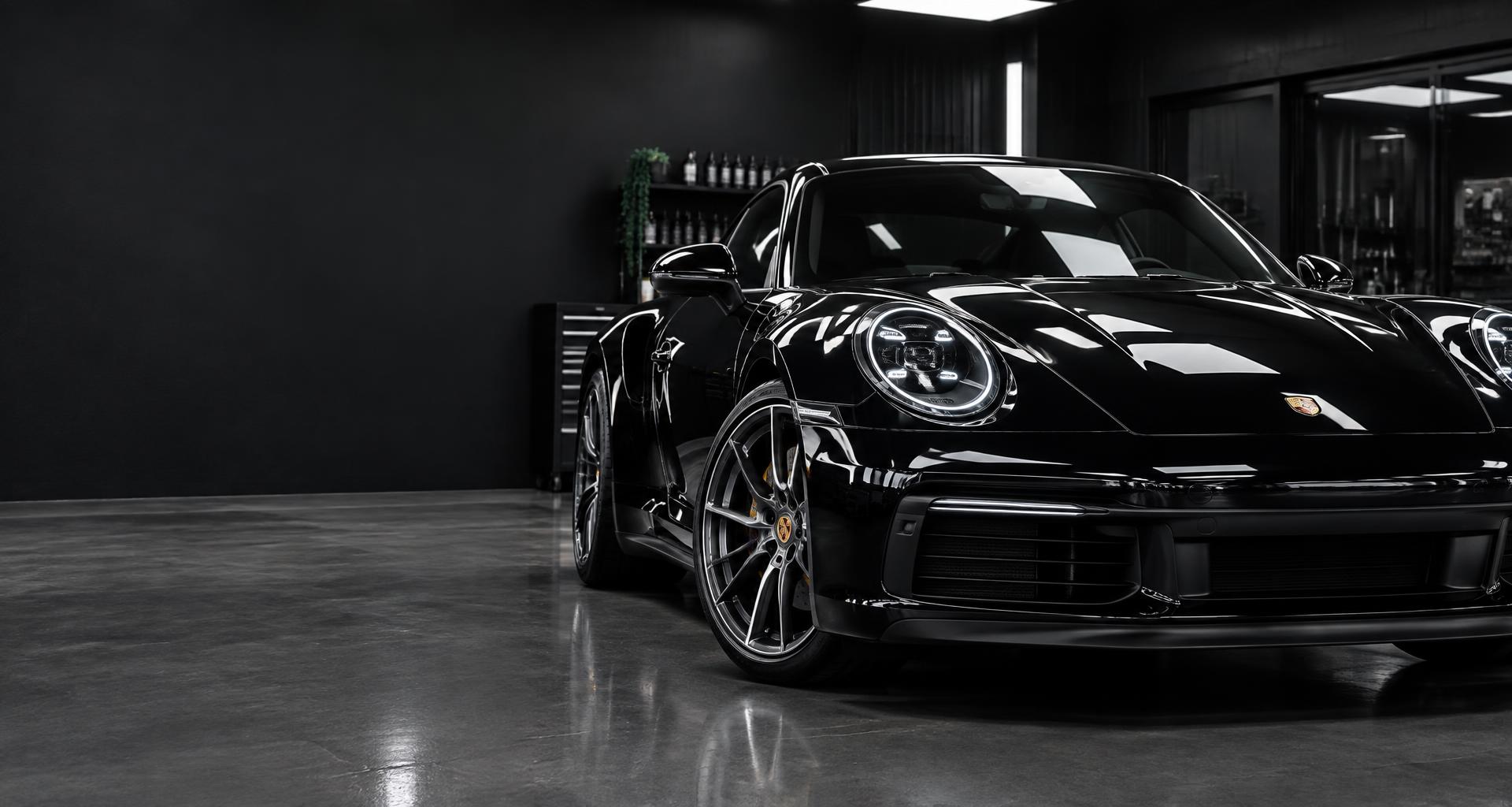 Glossy black sports car in a detailing studio